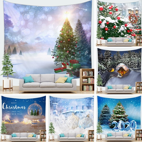 Christmas Tapestry Polyester Peach Skin Velvet Wall Hanging 3D Digital Printed Santa Claus Snow Scene Winter Home Decor