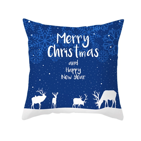 Housse de Coussin de Noël Bleu Nordique Renne Flocon de Neige Polyester Peau de Pêche Souple Canapé Taie d'Oreiller Décorative Maison