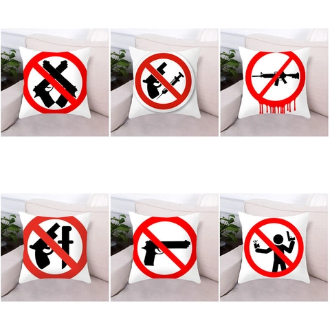 Funda De Cojín Con Signo De Prohibición De Armas Cuadrada Tela De Piel De Melocotón Funda De Almohada Para Sofá Tema Anti Violencia