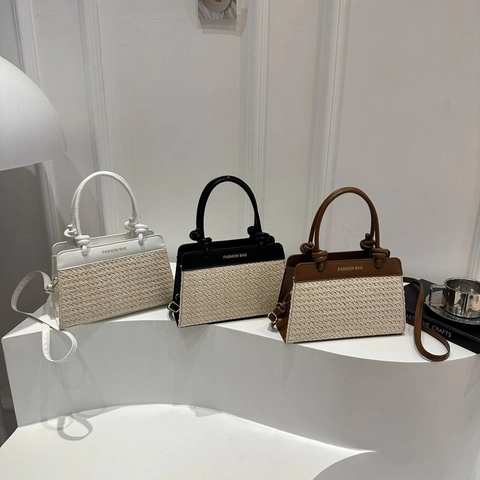 Borsa A Mano In Paglia Intrecciata E Pelle PU Grande Capacità Borsa A Tracolla Spiaggia Estate Alla Moda