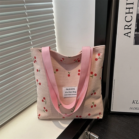 Damen Cord Handtasche Lässige Tote Bag Mit Kirschmuster Große Kapazität Schultertasche Koreanischer Stil