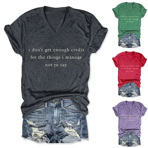 T-Shirt Da Donna Scollo A V Misto Cotone Slogan Stampa Lettere Maniche Corte Casual Estate Vestibilità Larga Nodo Laterale