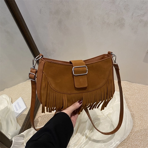 Μποέμ Γυναικεία Τσάντα Ώμου από Faux Suede Με Κρόσσια Βίντατζ Tassel Messenger Bag για Ταξίδι Καθημερινή Μόδα