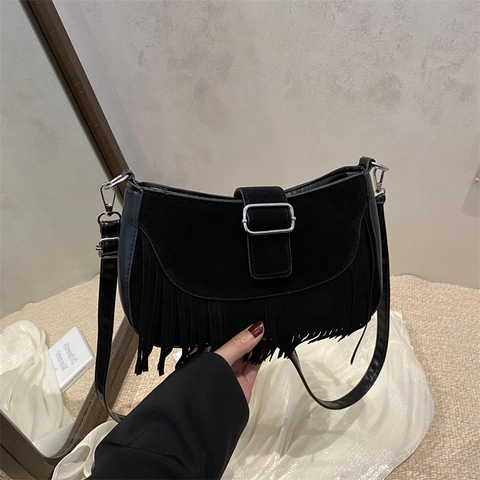 Μποέμ Γυναικεία Τσάντα Ώμου από Faux Suede Με Κρόσσια Βίντατζ Tassel Messenger Bag για Ταξίδι Καθημερινή Μόδα