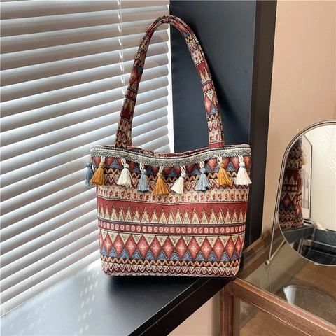 Bohemian Ethnic Style Jacquard Tote Τσάντα Γυναικεία Μεγάλης Χωρητικότητας Γεωμετρικό Μοτίβο Τσάντα Ώμου Με Κρόσσια