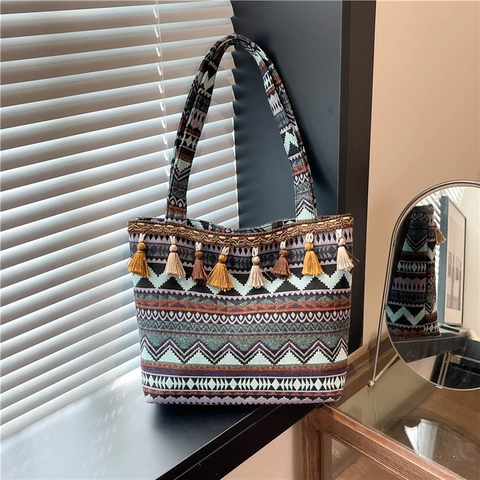 Bohemian Ethnic Style Jacquard Tote Τσάντα Γυναικεία Μεγάλης Χωρητικότητας Γεωμετρικό Μοτίβο Τσάντα Ώμου Με Κρόσσια
