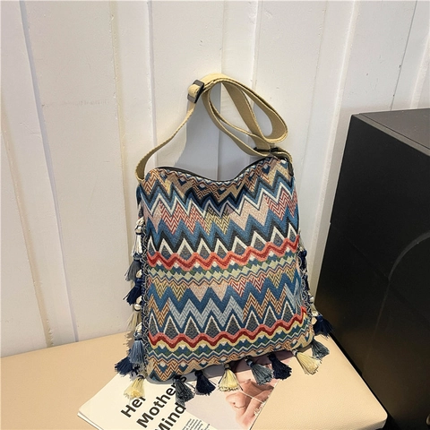 Vintage Böhmische Gewebte Umhängetasche Mit Quaste Zickzack Muster Große Kapazität Ethnische Crossbody Tote Bag Für Damen
