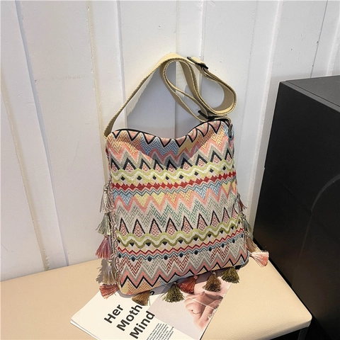 Vintage Böhmische Gewebte Umhängetasche Mit Quaste Zickzack Muster Große Kapazität Ethnische Crossbody Tote Bag Für Damen