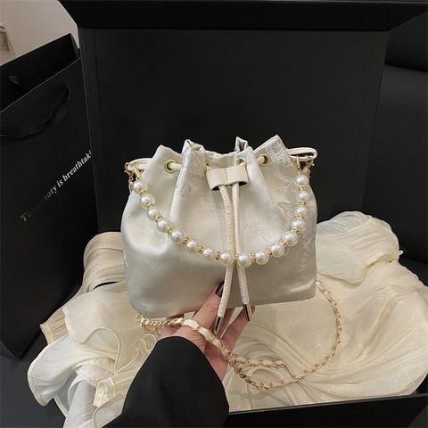 Women's New Chinese Style Embroidered Bucket Bag Pearl Handle Satin Jacquard Drawstring Shoulder Crossbody Bag Elegant Handbag