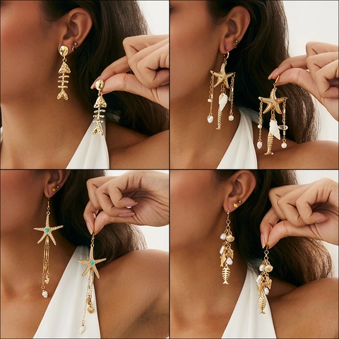 Pendientes Bohemios de Aleación de Estrella de Mar Espina de Pescado con Borlas Concha Perla Artificial de Imitación para Mujer