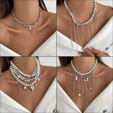 Faux Pearl Tassel Necklace Alloy Iron Chain Heart Sea Star Cross Multilayer Choker Bohemian Y2K Jewelry For Women Party
