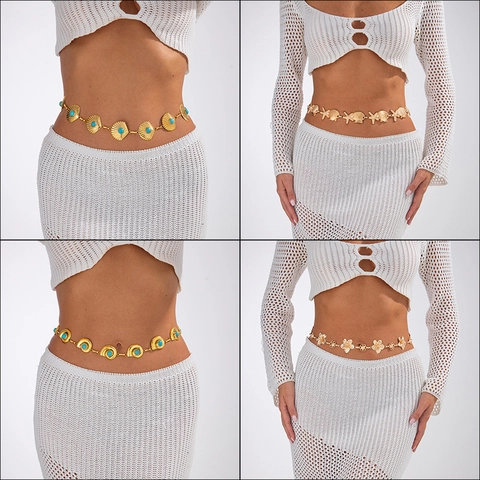 Bohemian Style Alloy Gold Silver Plated Waist Chain With Shell Starfish Flower Pattern Turquoise Artificial Pearl Decor Adjustable Body Chain For Women Beach Jewelry