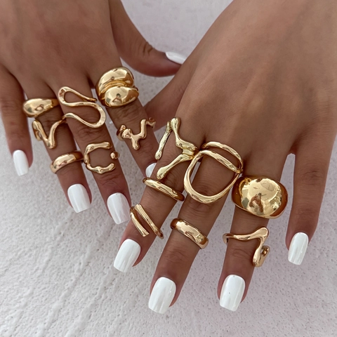 Fashion Alloy Irregular Geometric Ring Set For Women Liquid Metal Style Gold Silver Plated Open Finger Rings Jewelry Gift