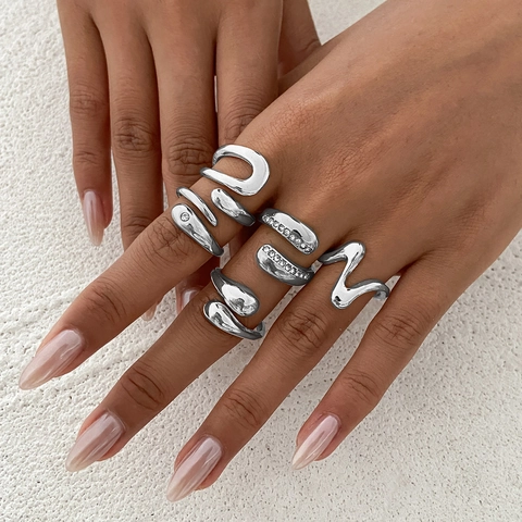 Fashion Alloy Irregular Geometric Ring Set For Women Liquid Metal Style Gold Silver Plated Open Finger Rings Jewelry Gift
