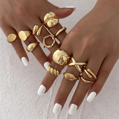 Irregular Liquid Metal Open Ring Set Lava Texture Adjustable Geometric Gold Silver Plated Alloy Rings For Women