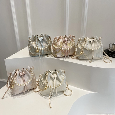 Borsa a Secchiello in Stile Cinese per Donna Manico di Perle Ricamata Jacquard Borsa a Mano Chic Tracolla PU Borsa Retro