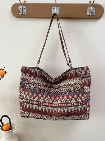 Borsa Tote Donna Etnica Bohémien in Tessuto con Motivi Geometrici Grande Capacità in Tela Pelle PU Borsa a Tracolla per Viaggio