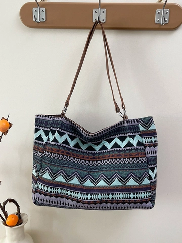 Borsa Tote Donna Etnica Bohémien in Tessuto con Motivi Geometrici Grande Capacità in Tela Pelle PU Borsa a Tracolla per Viaggio