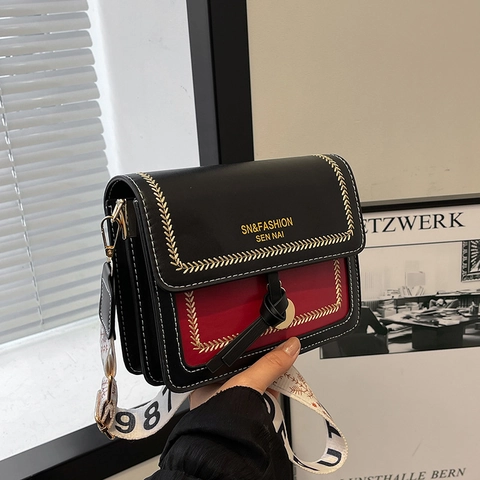 Sac à Épaule Femme Vintage en Cuir PU Bloc de Couleur Mode Petit Sac Carré Bandoulière Avec Large Sangle à Motifs