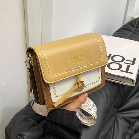 Damen Farbblock Umhängetasche PU Leder Kleine Quadratische Crossbody Tasche Mit Boho Breit Stickerei Gurt Lässige Kuriertasche