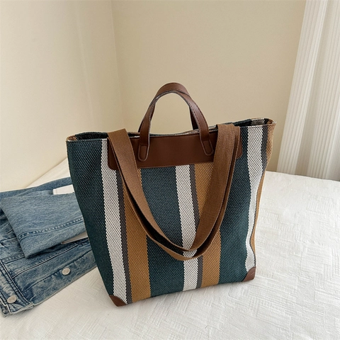 Bolso Tote de Lona a Rayas de Gran Capacidad Vintage Color de Contraste Bolso de Hombro Con Ribete de Cuero para Mujer