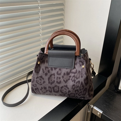 Leopardenmuster Umhängetasche Und Kleine Tasche PU Leder Kunstpelz Holzgriff Vintage Umhängetasche Für Damen
