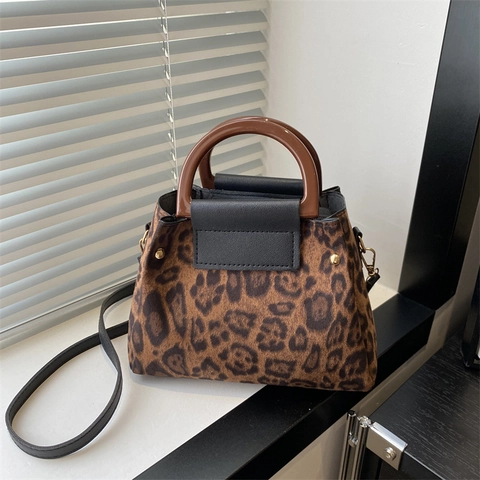 Leopardenmuster Umhängetasche Und Kleine Tasche PU Leder Kunstpelz Holzgriff Vintage Umhängetasche Für Damen