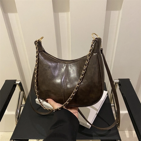 Women Retro PU Leather Hobo Bag Gold Chain Underarm Shoulder Crossbody Bag Solid Color Stitching Fashion Party Daily Bag