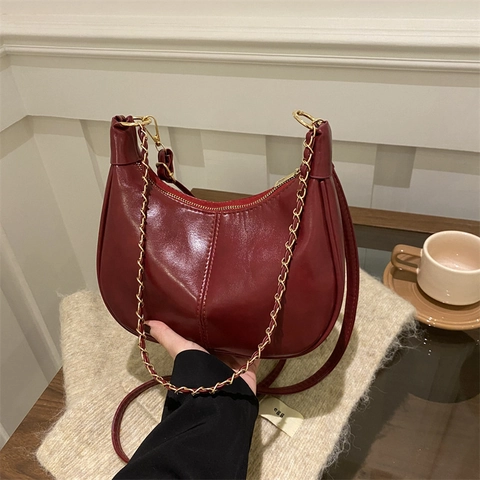 Women Retro PU Leather Hobo Bag Gold Chain Underarm Shoulder Crossbody Bag Solid Color Stitching Fashion Party Daily Bag