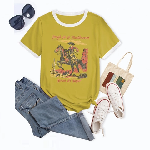 T-Shirt Ringer Grafica Cowboy Western Vintage Da Donna Misto Cotone Maniche Corte Girocollo Bordo A Contrasto Top Casual Retro