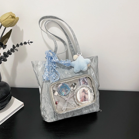 Women Large Capacity PU Leather Tote Bag Wrinkle Texture Shoulder Bag Fashion Ita Bag With Transparent Window Star Plush Pendant