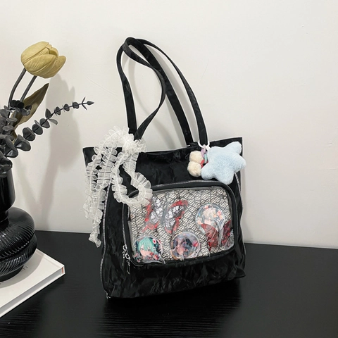 Women Large Capacity Ita Bag Pleated Nylon Tote Bag Japanese Style Clear PVC Window Shoulder Bag With Star Charm