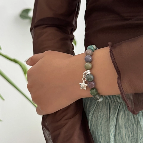 Natural Stone Beaded Bracelet Hand Woven Cord With Alloy Sun Star Pendant Vintage Boho Jewelry For Women Adjustable