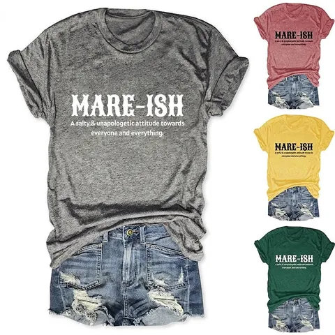 Women T-Shirt MARE-ISH Letter Print Round Neck Short Sleeve Cotton Blend Casual Loose Summer Top