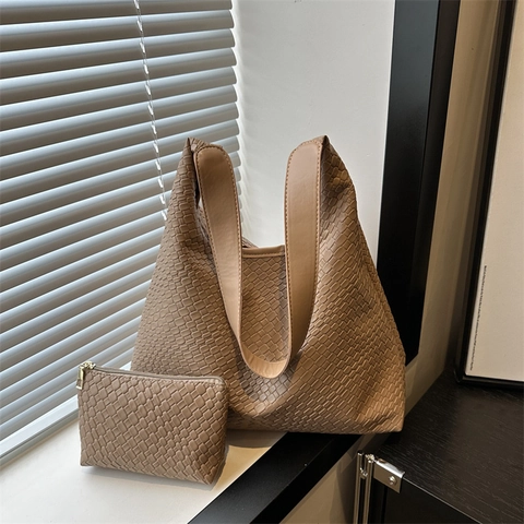 Damen Mode Gewebt Große Kapazität Umhängetasche Urban Schlicht PU Leder Intrecciato Hobo Tote Tasche Alltag Pendler Handtasche