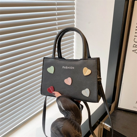 Women PU Synthetic Leather Heart Decor Crossbody Bag Fashion Letters Small Handbag Commuting Shoulder Bag With Single Strap