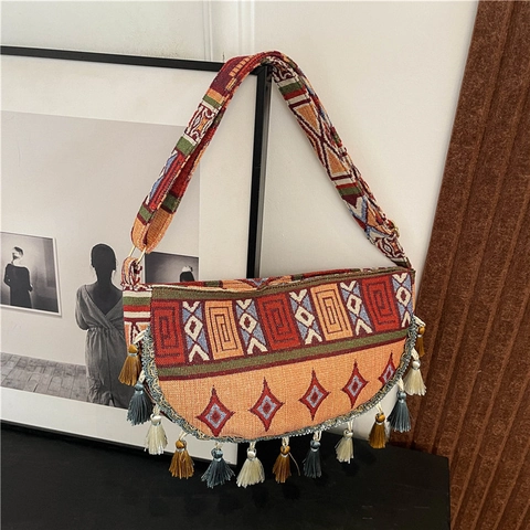Sac Bandoulière Vintage Bohème Ethnique Tissé avec Franges Sac Demi-Lune Large Bandoulière Motif Géométrique Tribal Sac à Épaule Voyage