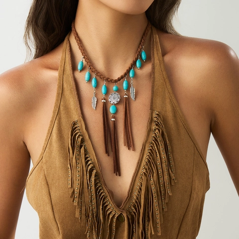 Collana Con Pendente Bohémien Con Turchese Sintetico E Nappe In Camoscio Lega Stile Etnico Retrò Per Donne
