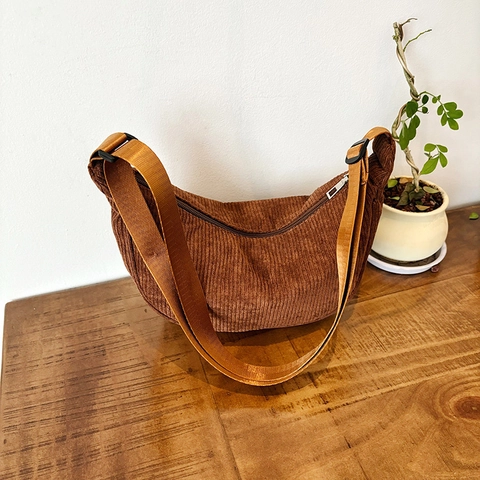 Bolso Bandolera de Pana para Mujer Color Sólido Media Luna Bolso de Hombro Con Correa Ajustable Casual Retro Hobo