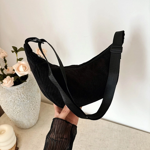 Bolso Bandolera de Pana para Mujer Color Sólido Media Luna Bolso de Hombro Con Correa Ajustable Casual Retro Hobo