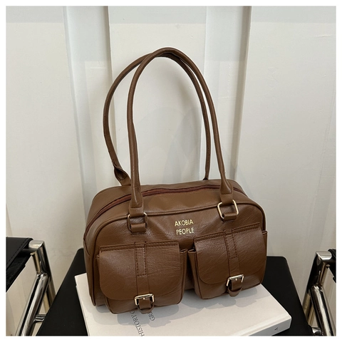 Retro PU Leather Shoulder Bag For Women Vintage Underarm Baguette Bag With Dual Front Pockets Gold Buckle