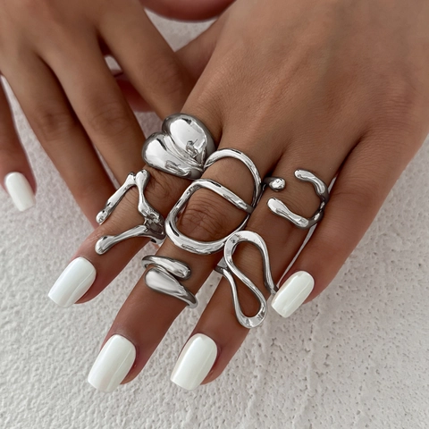Modern Alloy Liquid Metal Open Rings Set For Women Adjustable Irregular Geometric Wave Artificial Pearl Finger Jewelry