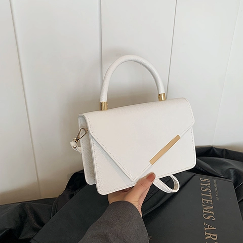 Women Crossbody Bag PU Leather Lychee Pattern Gold Metal Bar Asymmetric Flap Top Handle Trendy Handbag Simple Solid Color