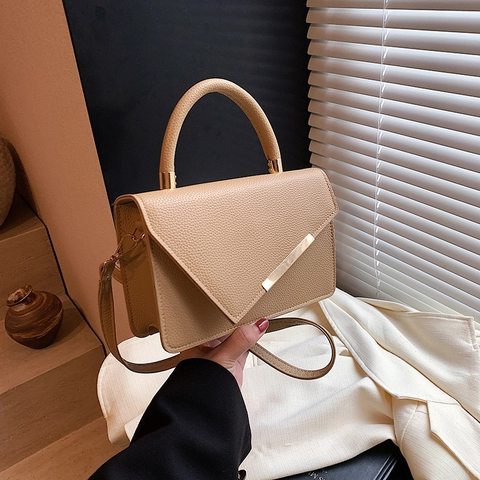 Women Crossbody Bag PU Leather Lychee Pattern Gold Metal Bar Asymmetric Flap Top Handle Trendy Handbag Simple Solid Color