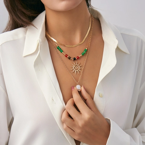 Layered Necklace Set Gold Alloy Sun Pendant Artificial Baroque Pearl Colorful Beads Bohemian Style Fashion Jewelry For Women