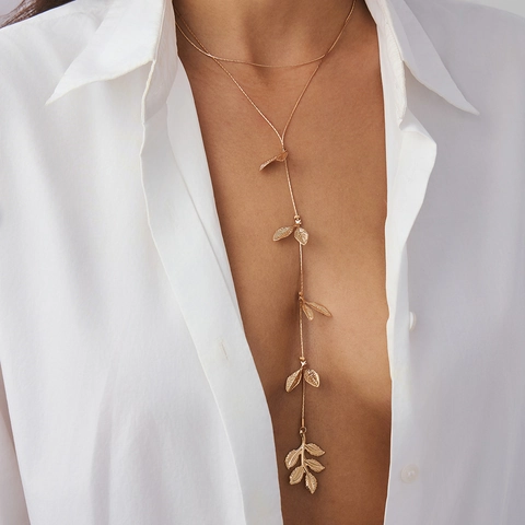 Alloy Y-Vormige Lange Ketting Elegante Bladhangers Kwastje Meerlaagse Ketting Natuur Geïnspireerde Sieraden Voor Dames
