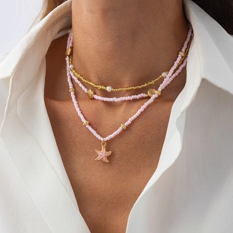 Starfish Pendant Layered Necklace Seed Beads Shell Faux Artificial Pearl Ocean Beach Summer Bohemian Accessory For Women