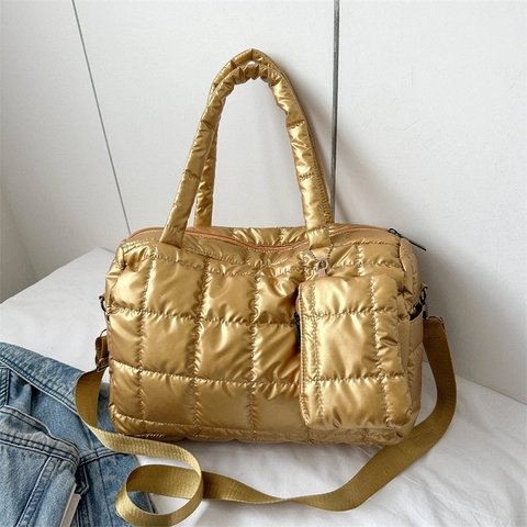 Sac Fourre-tout Matelassé Métallique pour Femmes Grand Sac à Épaule en Coton Spatial Avec Mini Pochette Sac à Main Décontracté
