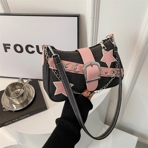 Sac À Épaule Denim Sous L'Aisselle Étoile Patchwork Rose Cuir Décor Style Y2K Rivet Chaîne Mode Femmes
