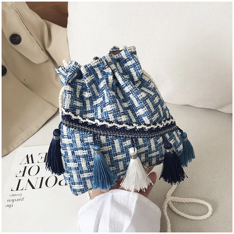Petit Sac Seau en Tweed Style Ethnique Vintage avec Glands Tissé à Cordon Sac Bandoulière à Carreaux pour Voyage Quotidien Femme